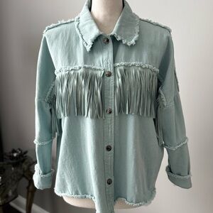 Fringe Button-Up Shirt Jacket in Light Blue